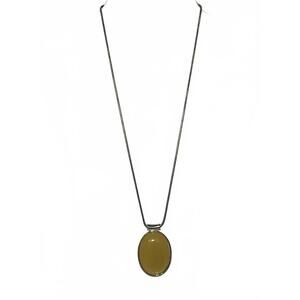 Yellow Stone Oval Pendant Necklace – Silver Tone Chain, Minimalist Style